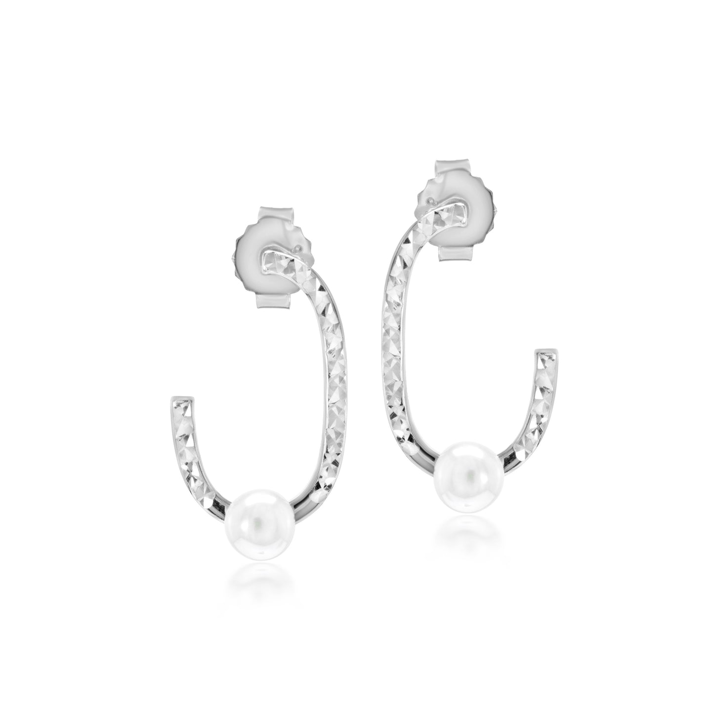 Judy Crowell Jewelry Sterling Silver Freshwater Pearl Diamond Cut Rectangle J Hoop Earrings