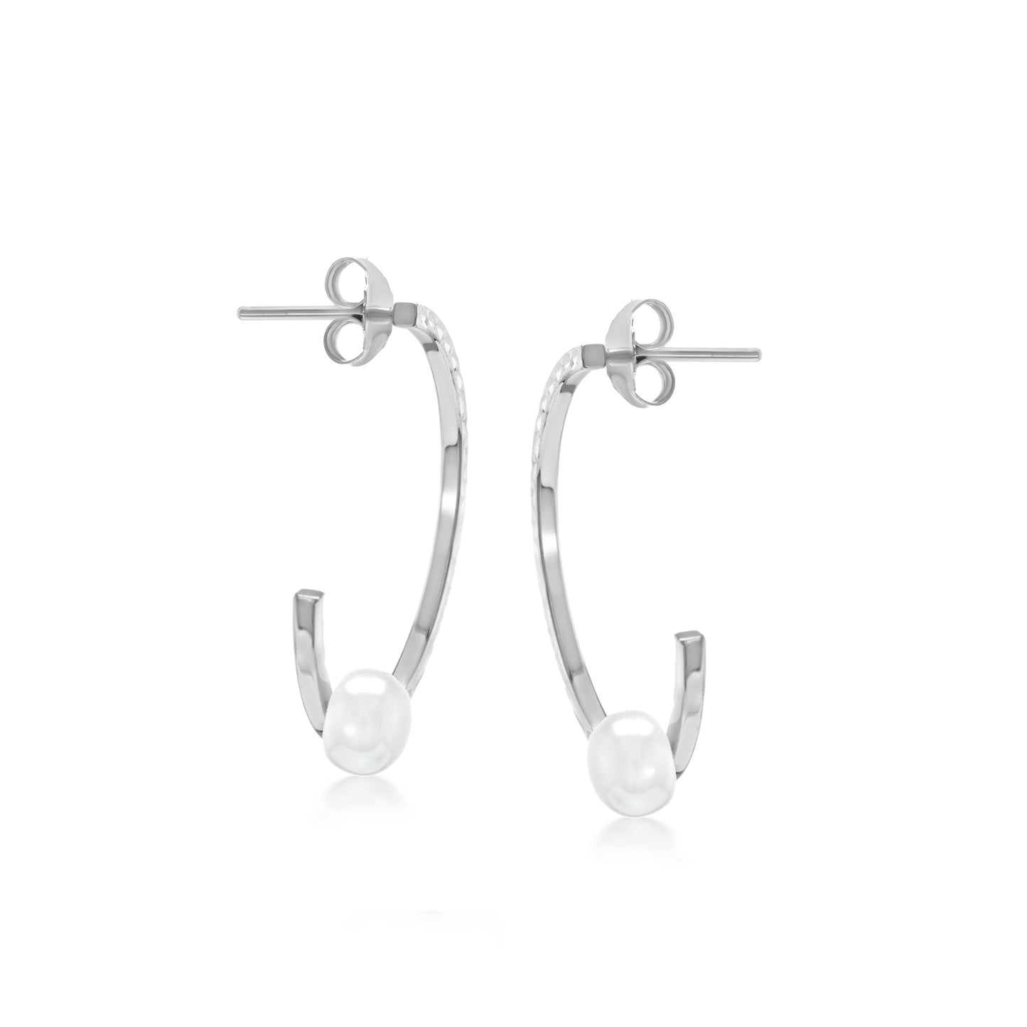 Judy Crowell Jewelry Sterling Silver Freshwater Pearl Diamond Cut Rectangle J Hoop Earrings