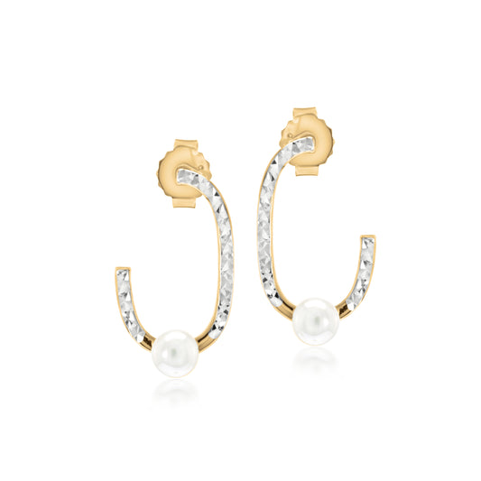 Judy Crowell Jewelry 14K Gold Over Sterling Silver Freshwater Pearl Diamond Cut Rectangle J Hoop Earrings