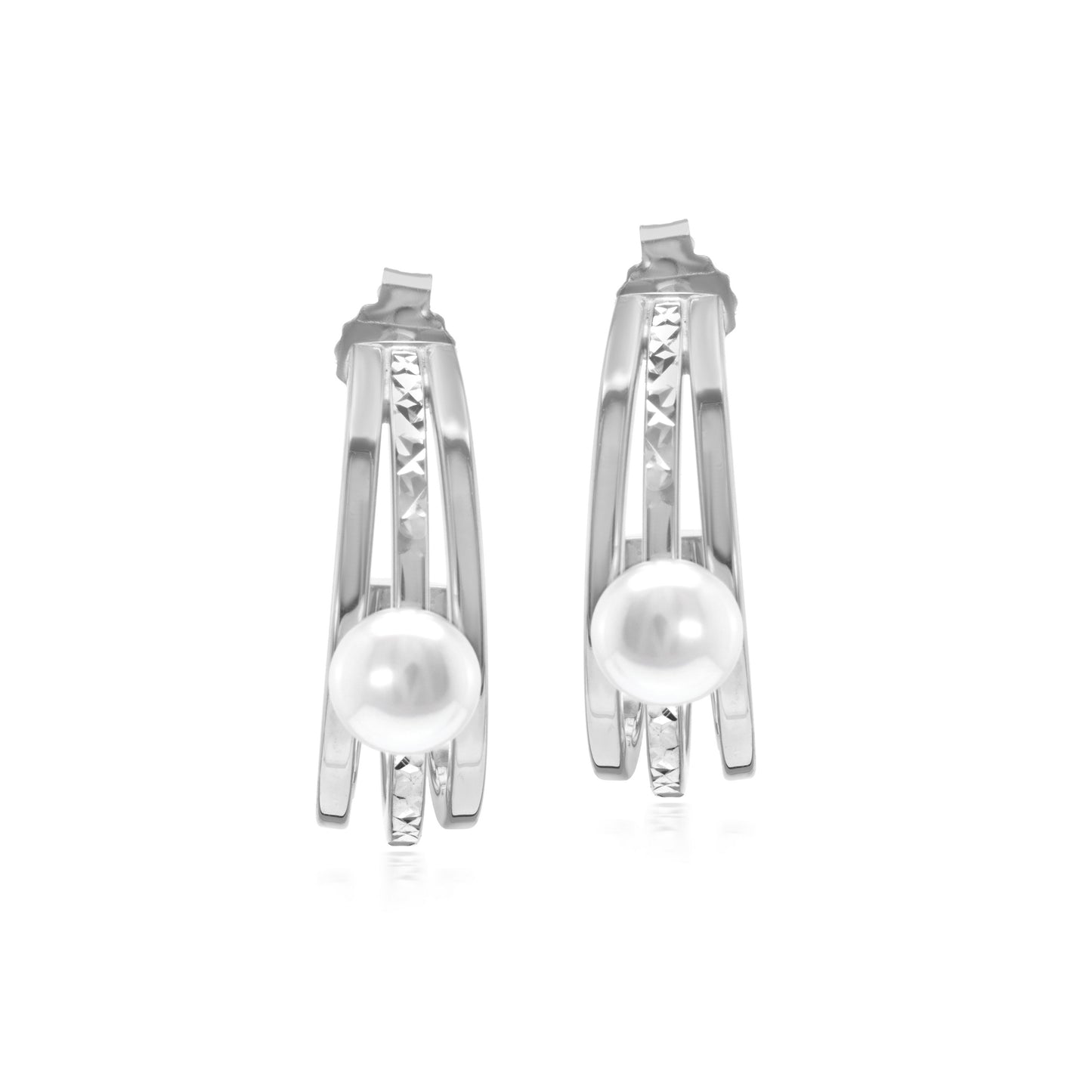 Judy Crowell Jewelry Sterling Silver Freshwater Pearl Diamond Cut Triple Hoop Earrings