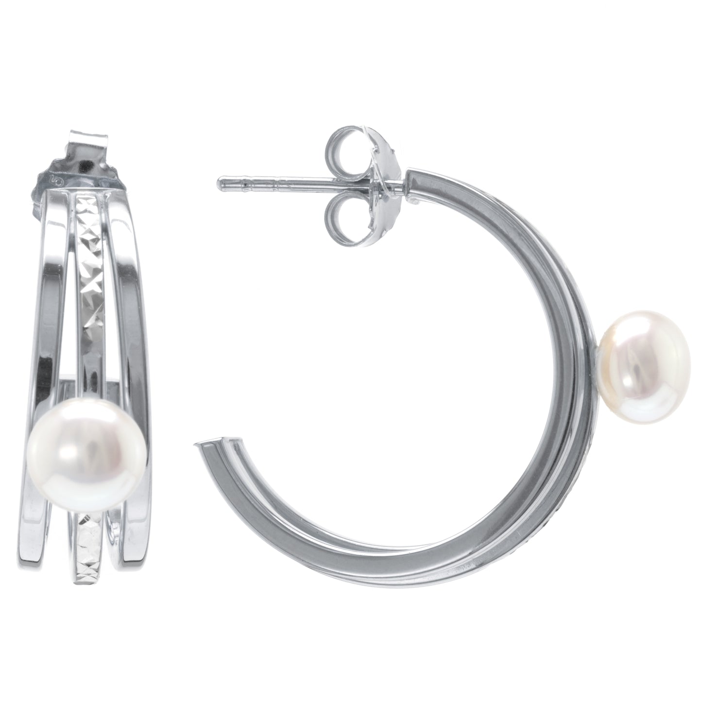Judy Crowell Jewelry Sterling Silver Freshwater Pearl Diamond Cut Triple Hoop Earrings