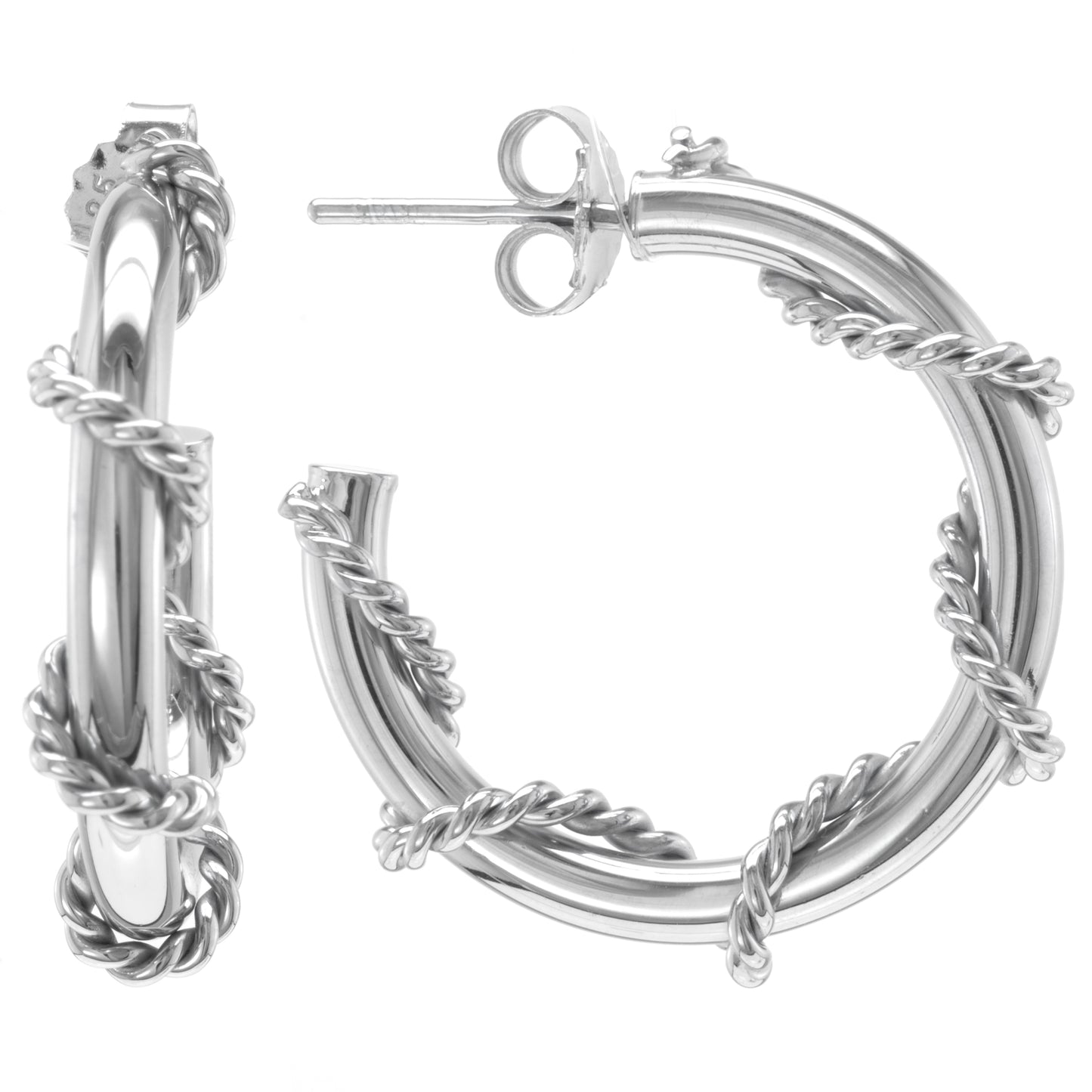 Judy Crowell Jewelry Sterling Silver Rope Accent Twist Hoop Earrings