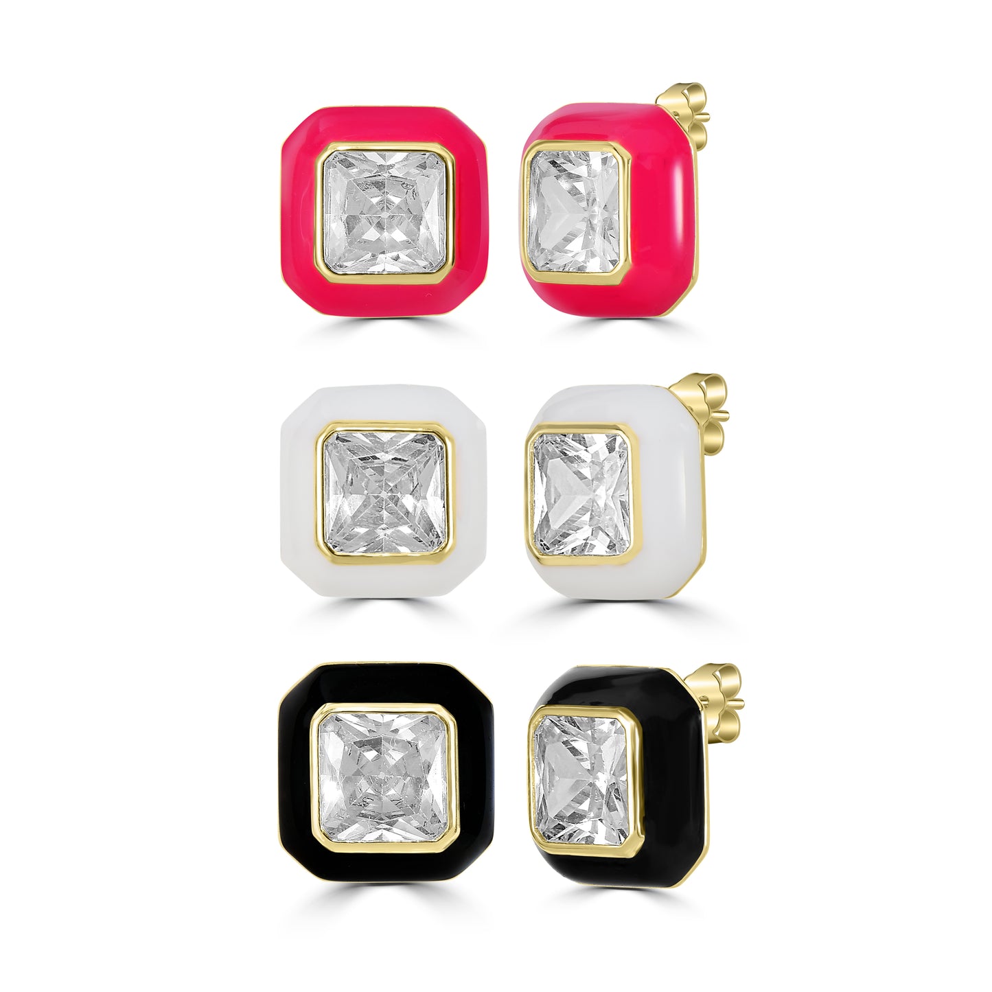 Bob Mackie Jewelry 14K Gold Over Brass Black, White and Red Enamel White Cubic Zirconia Stud Earrings, Set of 3 Colors