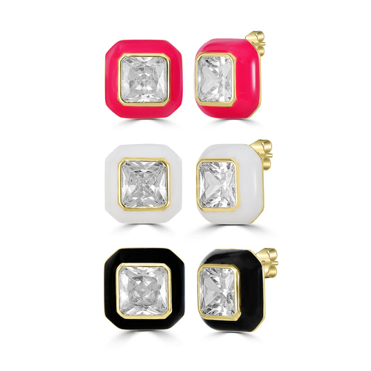 Bob Mackie Jewelry 14K Gold Over Brass Black, White and Red Enamel White Cubic Zirconia Stud Earrings, Set of 3 Colors