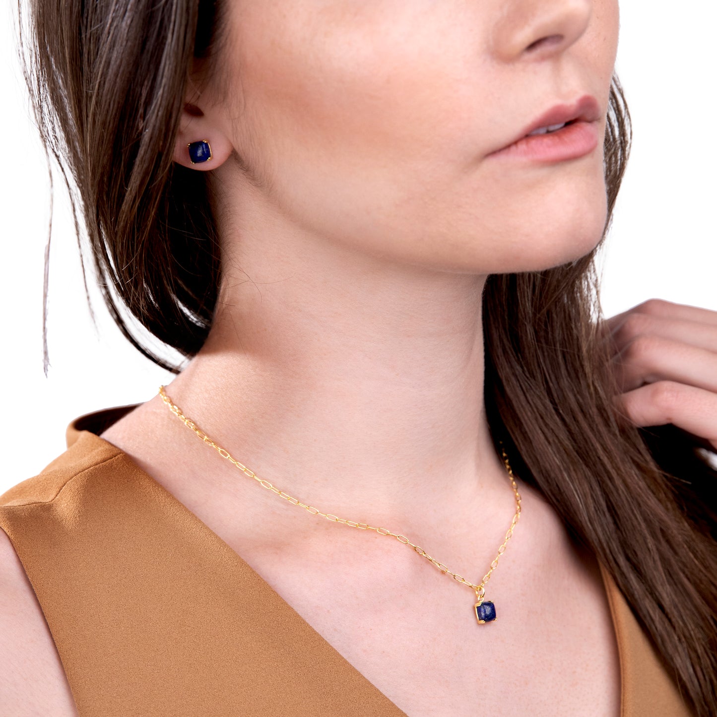 14K Gold Over Sterling Silver Lapis 18 Inch Pendant Link Chain Necklace and Earring Set