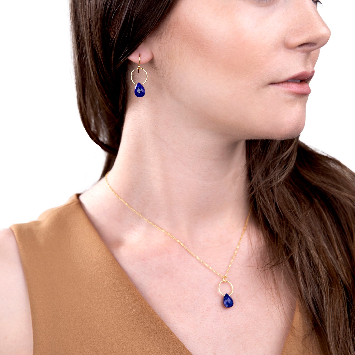 14K Gold Over Sterling Silver Lapis 18 Inch Pendant Necklace and Dangle Earring Set