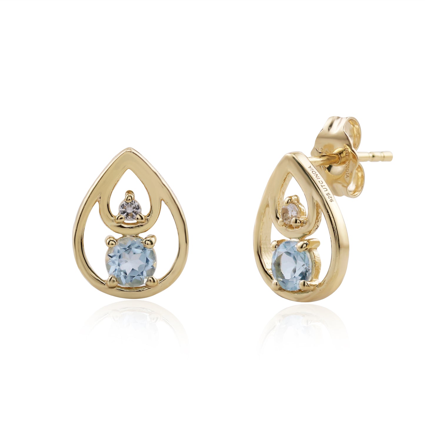 14K Gold Over Sterling Silver Round Blue and White Topaz Stud Earrings