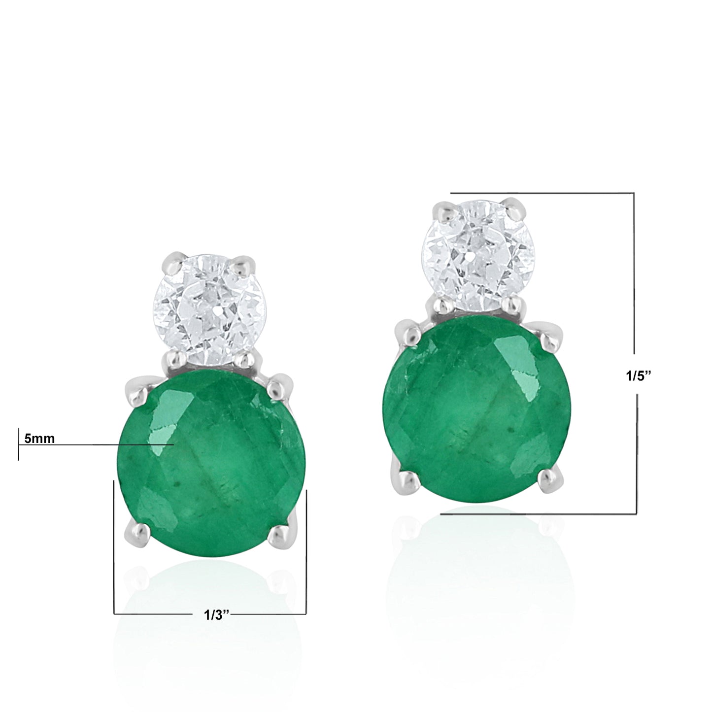 14K White Gold Round Emerald and White Topaz Stud Earrings