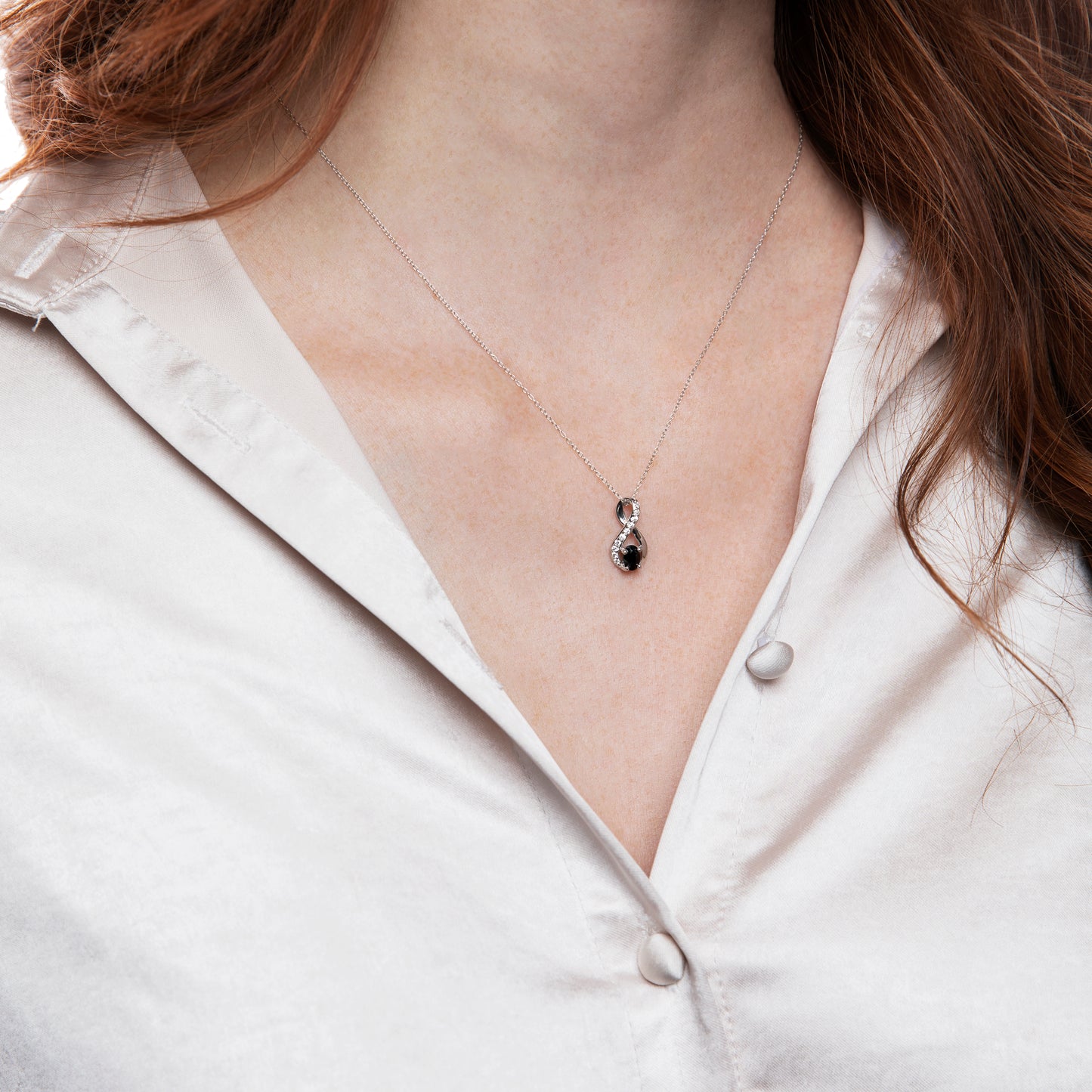Sterling Silver Black Onyx and Cubic Zirconia Gemstone Infinity Pendant Necklace, 18 to 20 Inches
