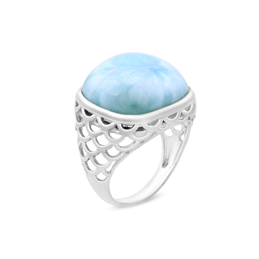 Sterling Silver Cushion Larimar Gemstone Cabochon Ring, Sizes 6.5 to 9