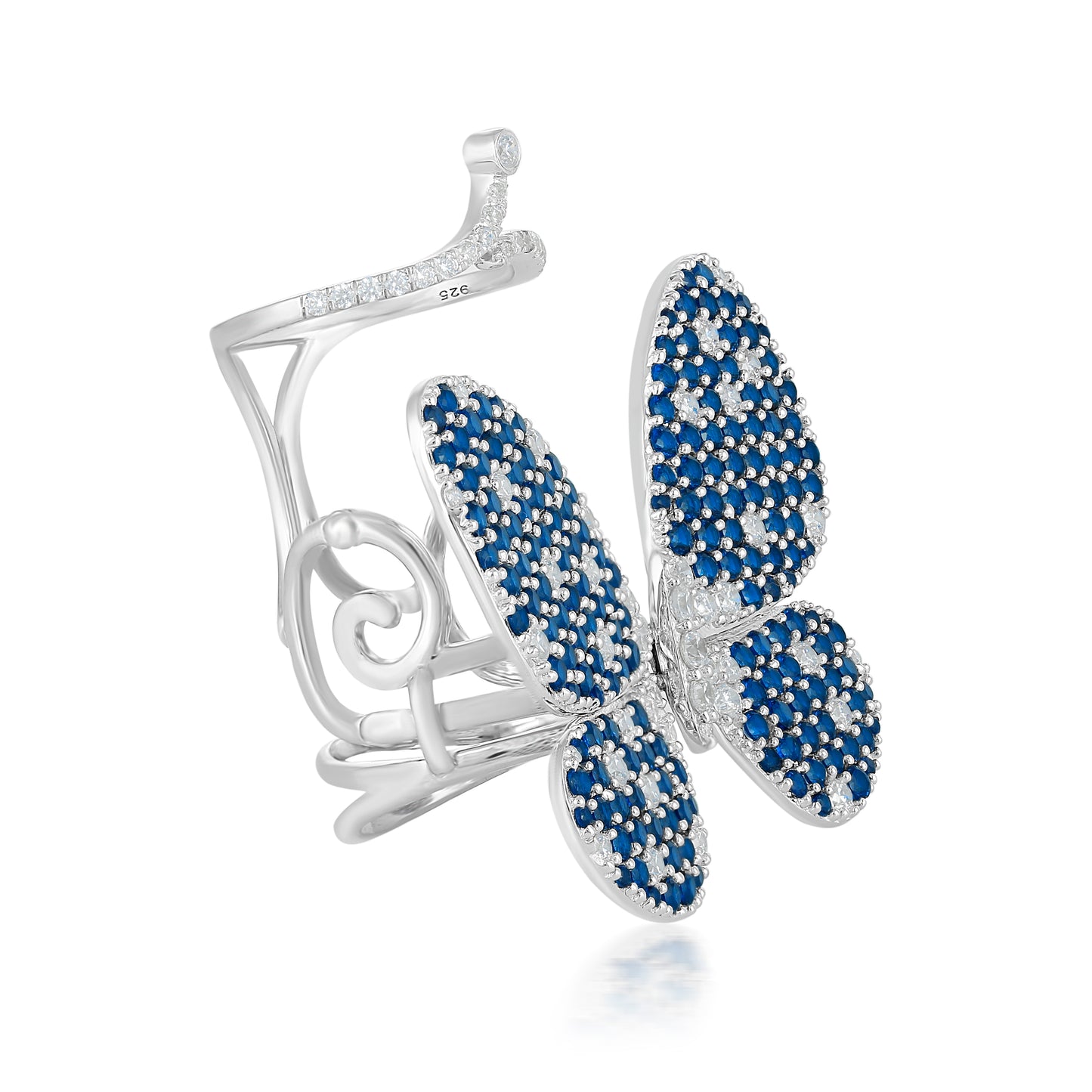 Judy Crowell Jewelry Sterling Silver Blue and White Cubic Zirconia Butterfly Cocktail Ring, Sizes 6 to 9