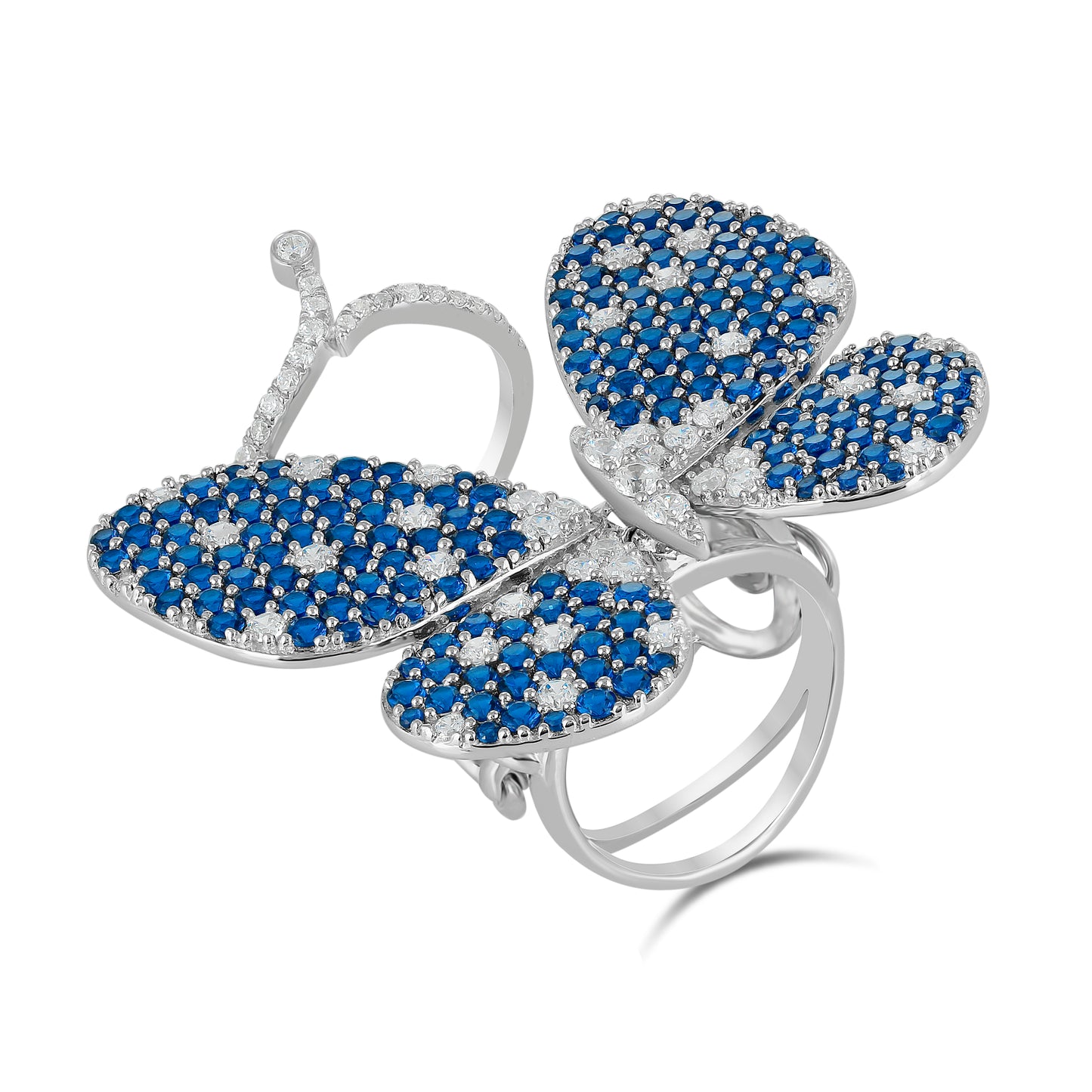 Judy Crowell Jewelry Sterling Silver Blue and White Cubic Zirconia Butterfly Cocktail Ring, Sizes 6 to 9
