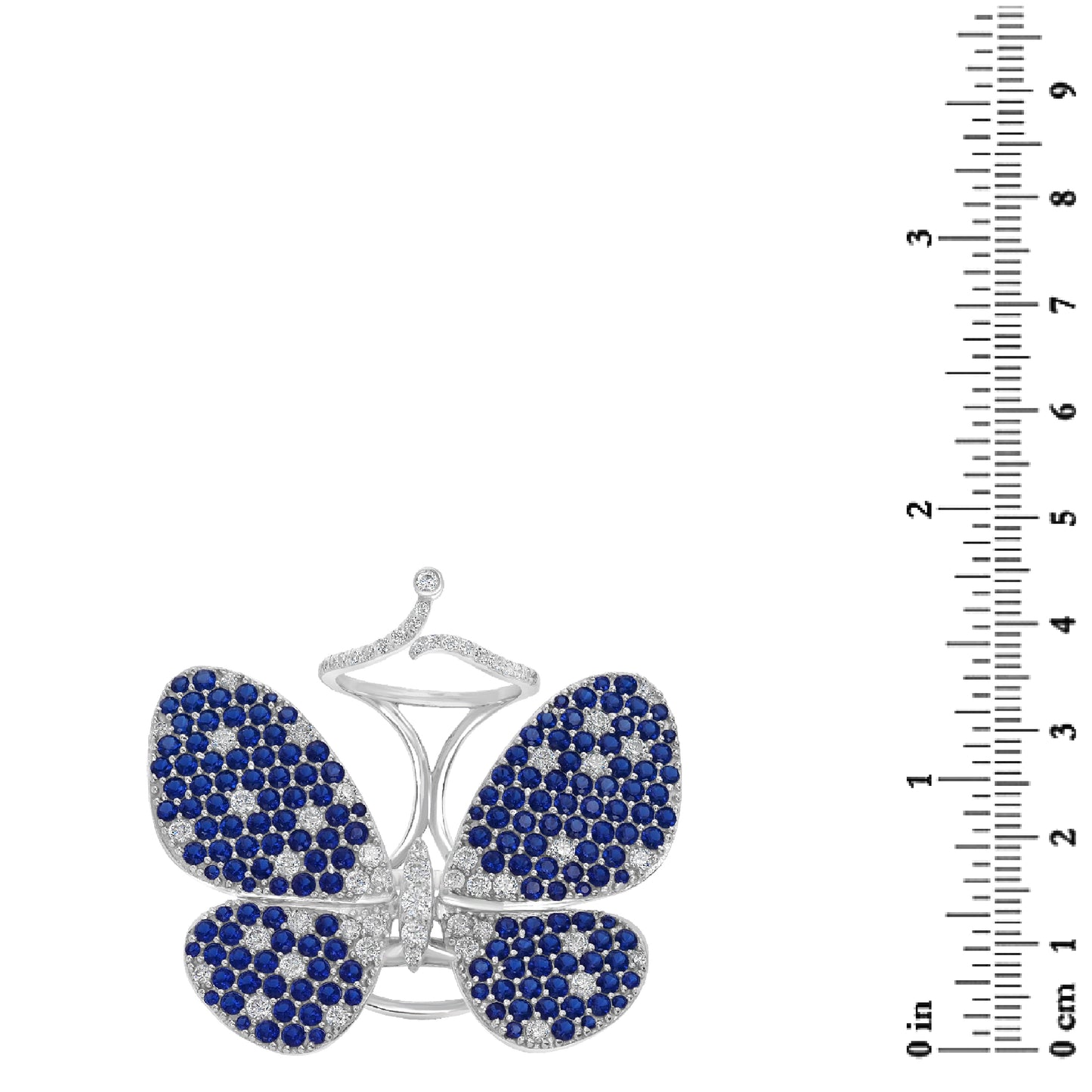 Judy Crowell Jewelry Sterling Silver Blue and White Cubic Zirconia Butterfly Cocktail Ring, Sizes 6 to 9