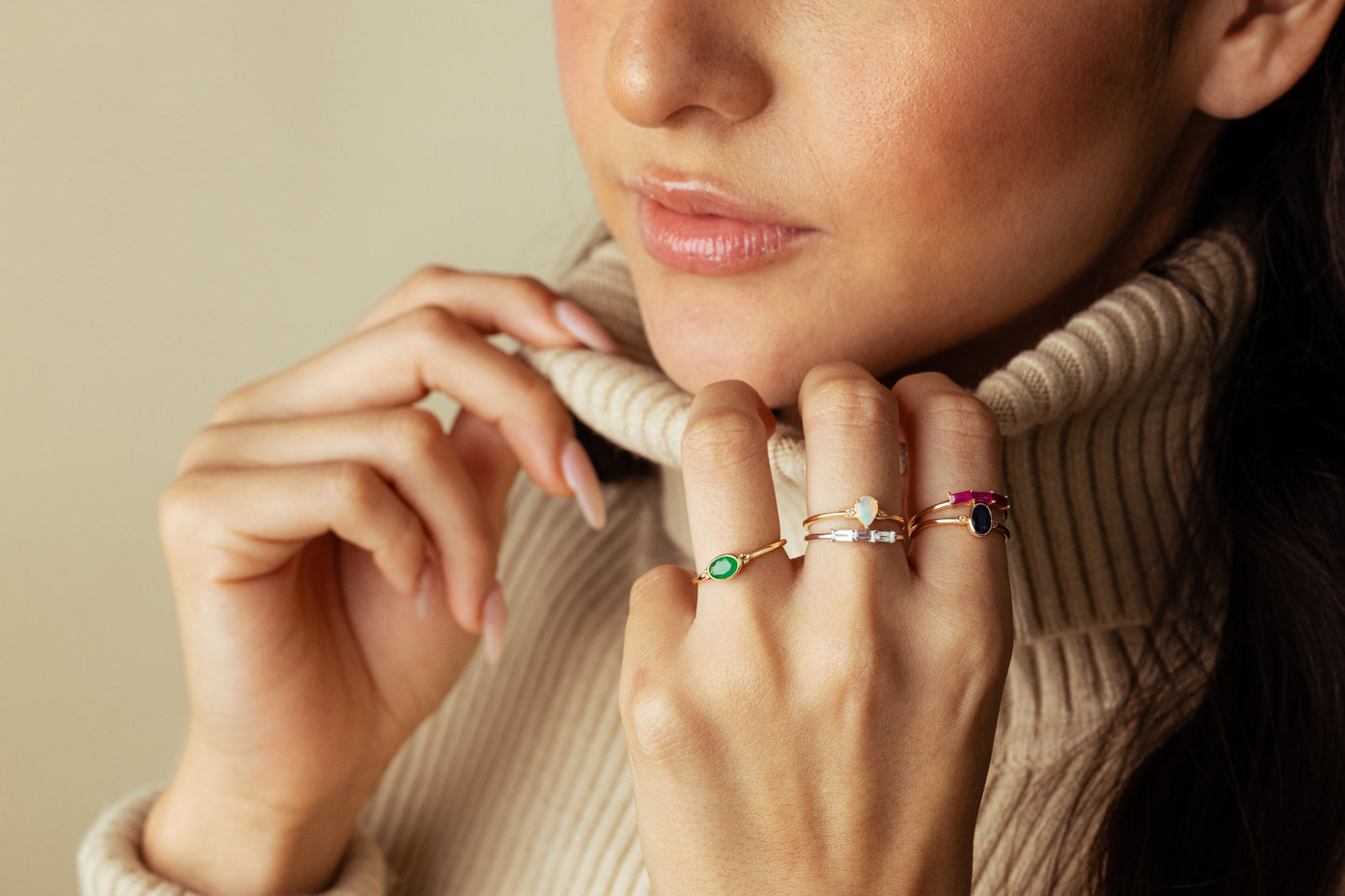 East-West 14K Gold Over Sterling Silver Emerald Stackable Solitaire Bezel Ring, Sizes 6 to 8