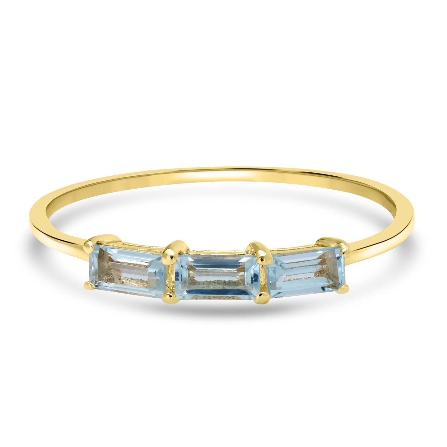 Heidi 14K Gold Over Sterling Silver Swiss Blue Topaz Gemstone Stackable 3-Stone Baguette Ring, Sizes 6 to 8