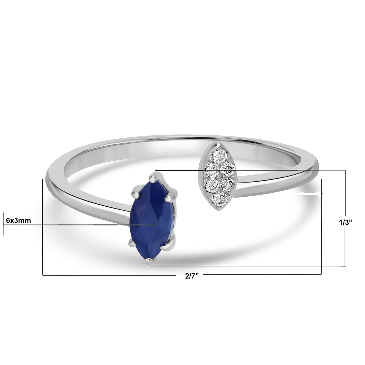 14K White Gold Marquise Sapphire and White Topaz Cuff Ring, Size 7
