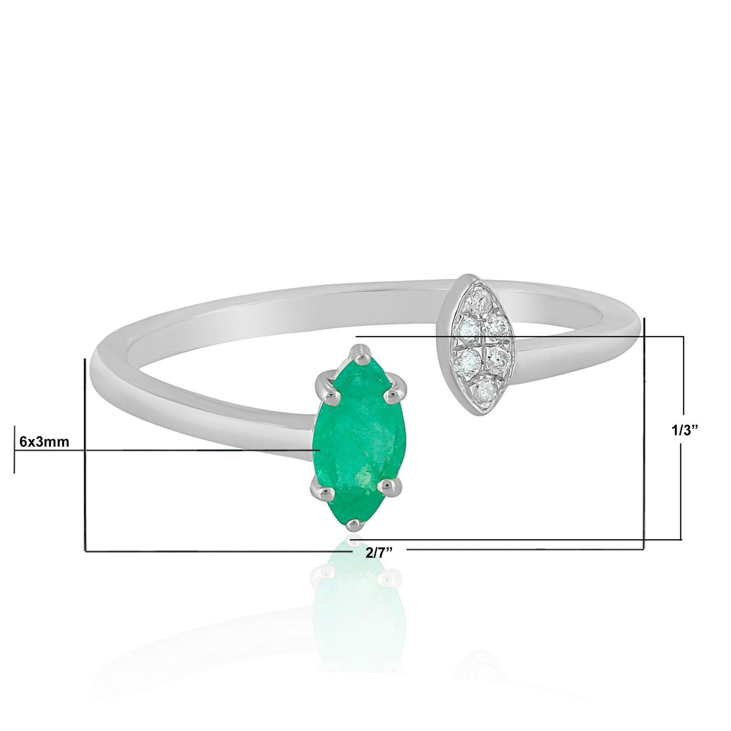14K White Gold Marquise Emerald and White Topaz Cuff Ring, Size 7