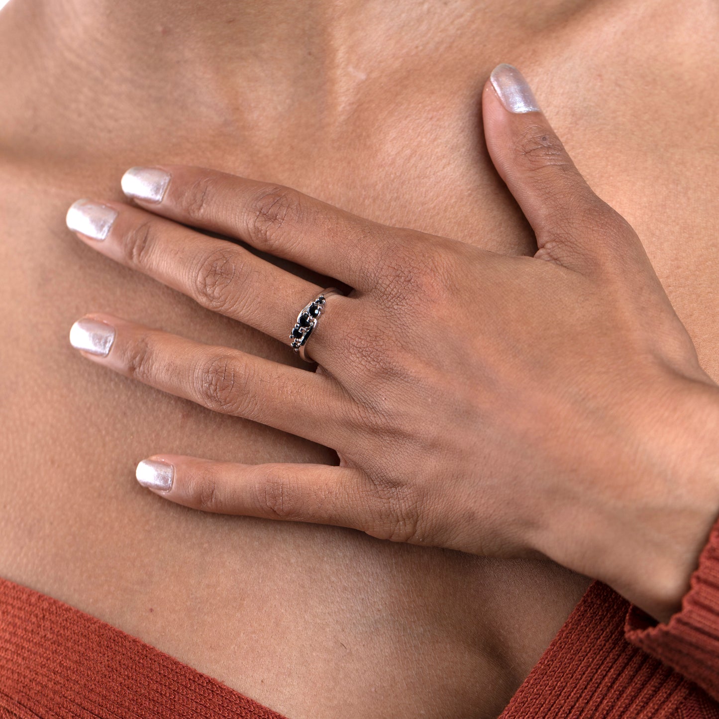 Angela Sterling Silver Black Onyx 5-Stone Wave Ring, Sizes 6 to 8