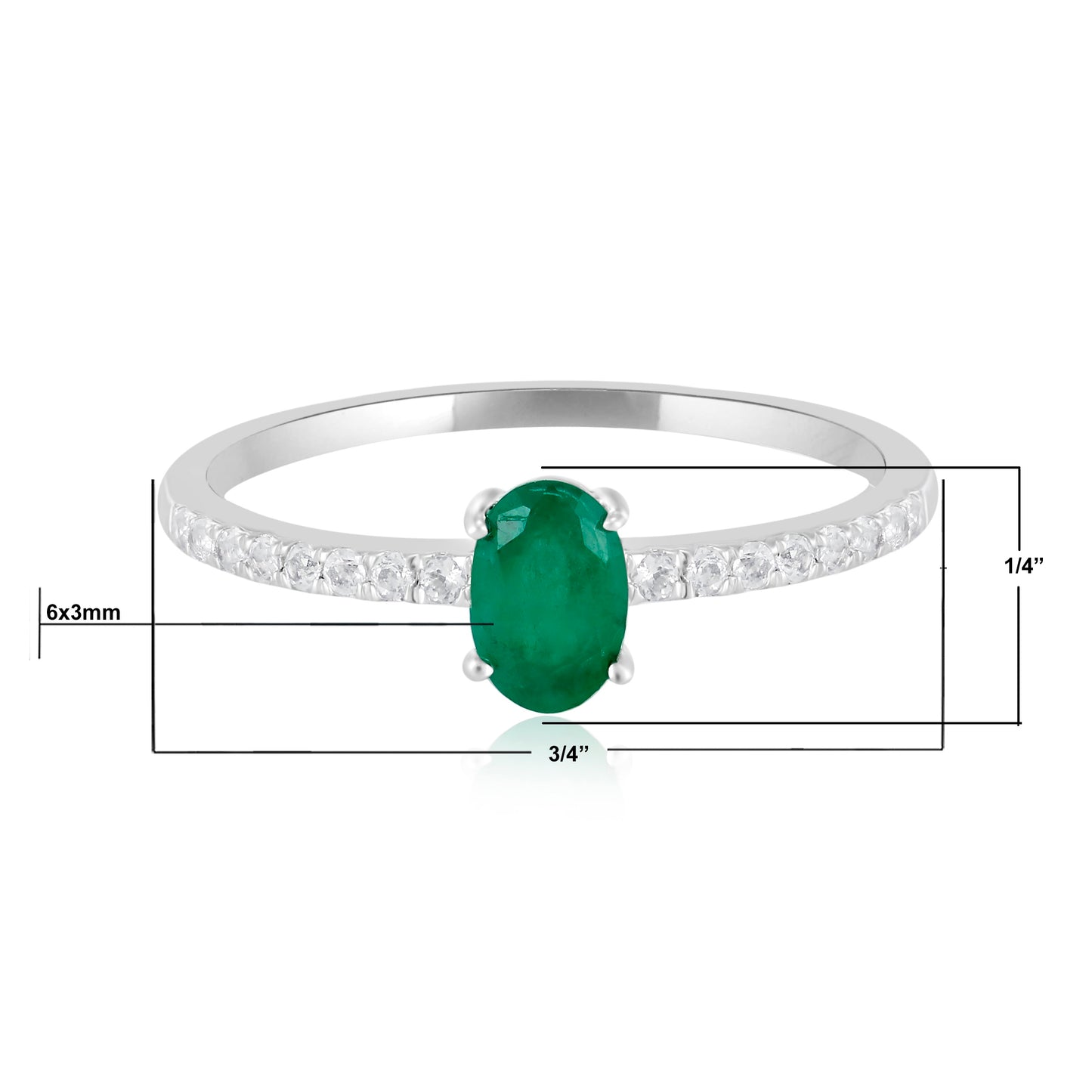 14K White Gold Oval Emerald and White Topaz Band Ring, Size 7