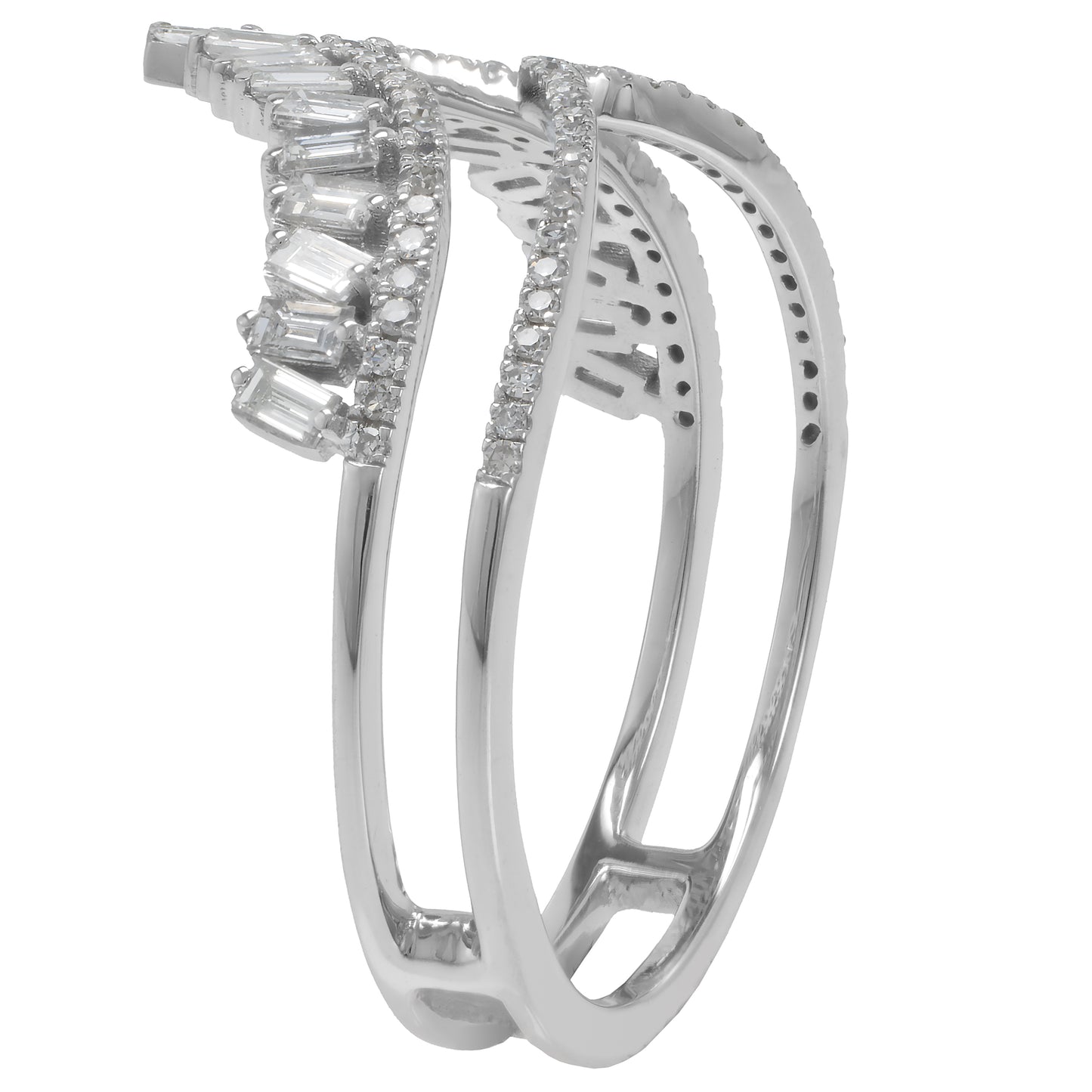14K White Gold Round and Baguette-Cut Diamond Crown Ring, .48 Carats, Sizes 6 to 8