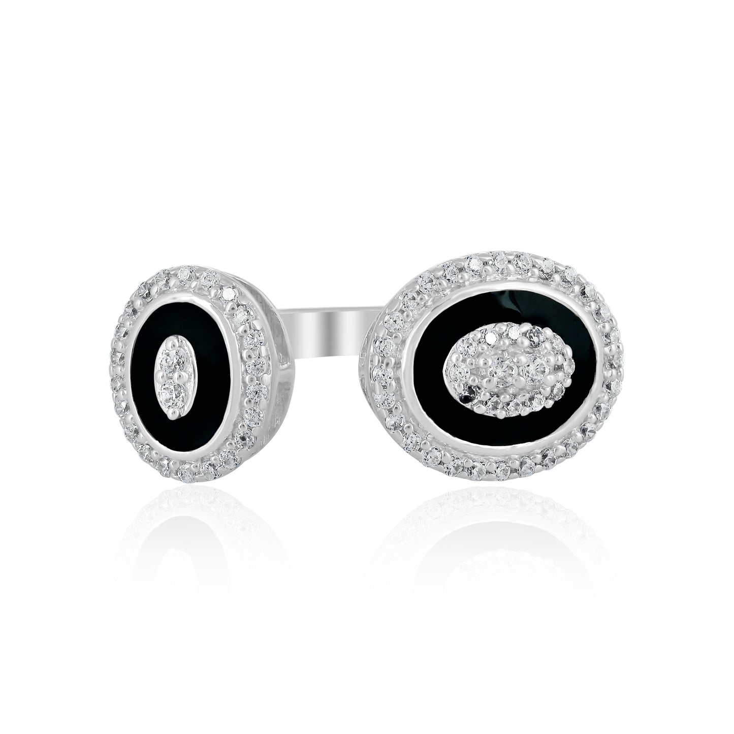 Judy Crowell Jewelry Sterling Silver Black Enamel Cubic Zirconia Open Band Ring, Sizes 6 to 9