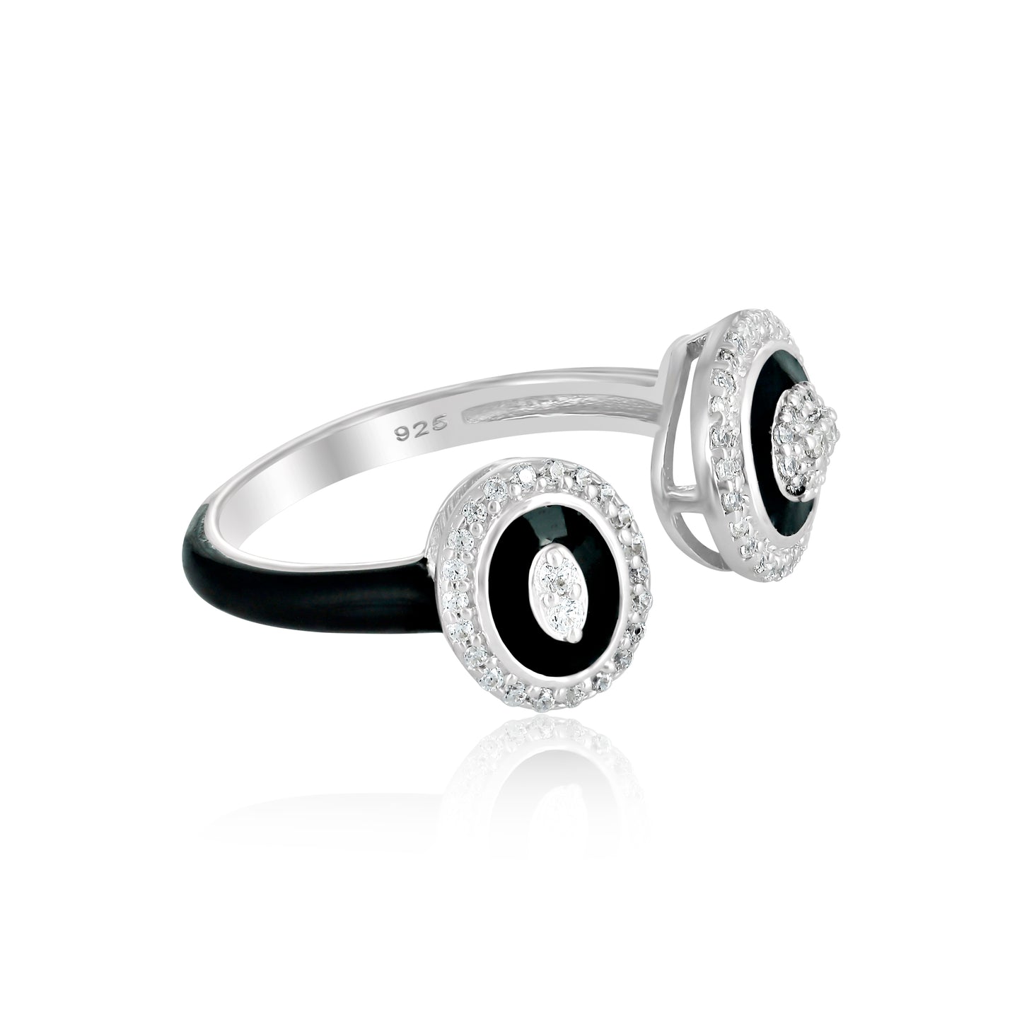 Judy Crowell Jewelry Sterling Silver Black Enamel Cubic Zirconia Open Band Ring, Sizes 6 to 9