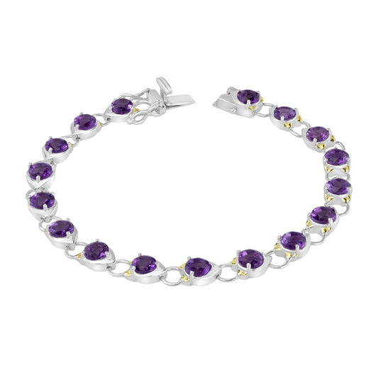 Sterling Silver Round Shaped Amethyst Leaf Accent Line Bracelet