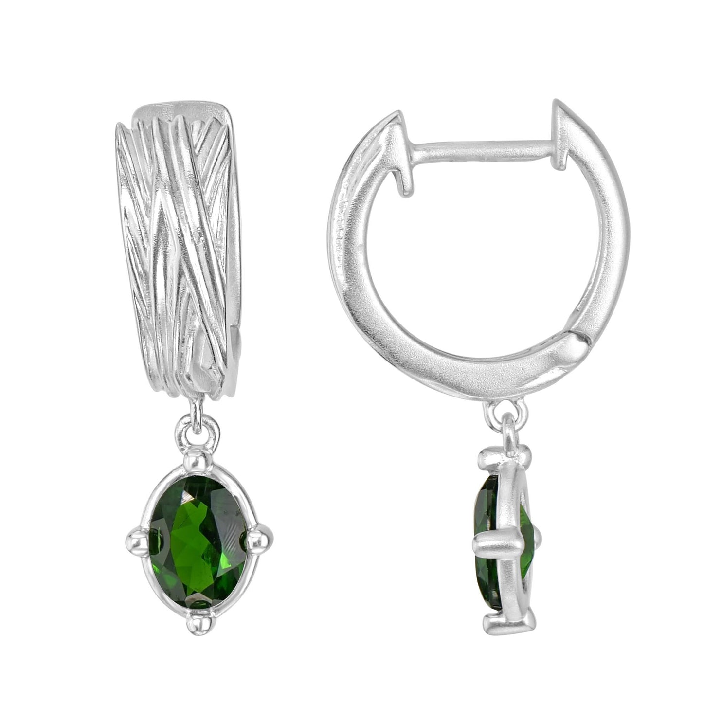 Sterling Silver Oval Chrome Diopside Gemstone Textured Drop Earrings
