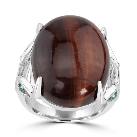 Sterling Silver Oval Red Tiger Eye Cabochon & Green Onyx Stone Ring, (0.10 ct Green Onyx)