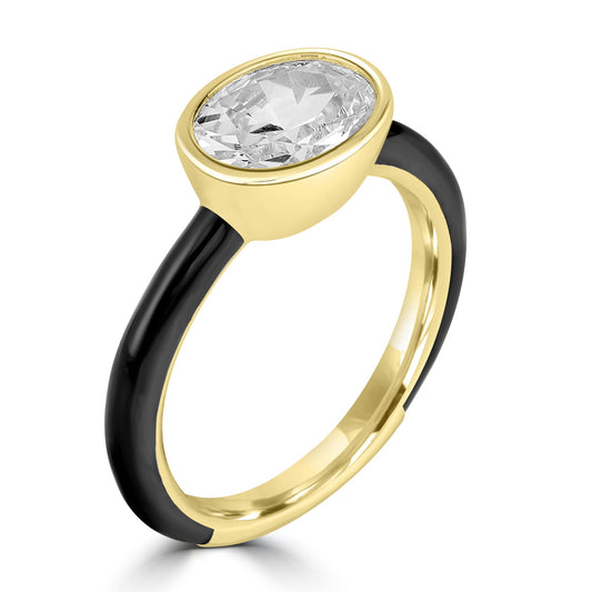 Bob Mackie Gold Over Brass Black Enamel White Cubic Zirconia Ring, Sizes 6 to 8