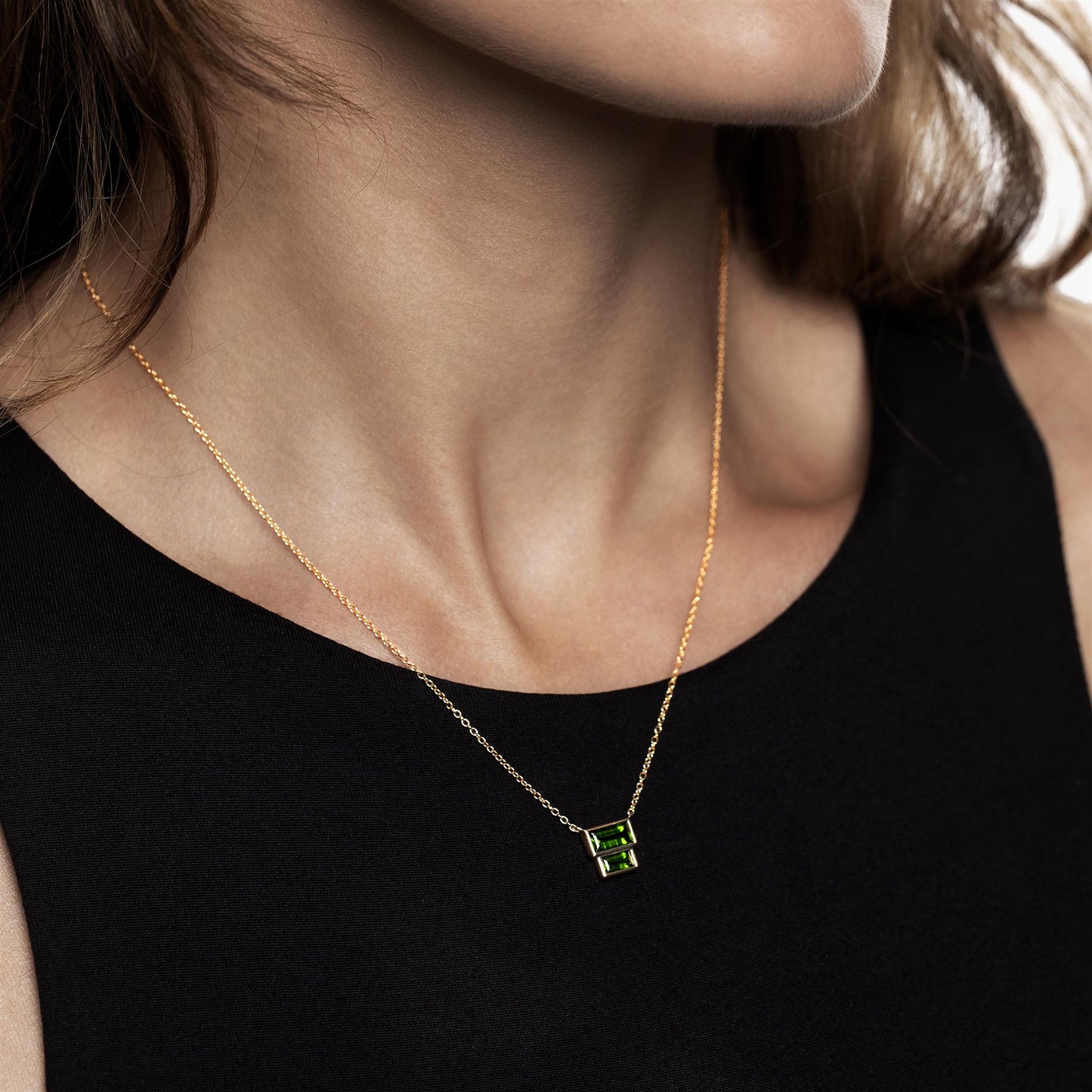 14K Gold over Sterling Silver Genuine Chrome Diopshide Baugette Pendant Necklace