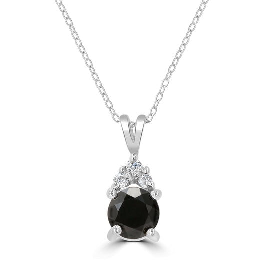 Sterling Silver Black Onyx and Cubic Zirconia Round Gemstone Pendant Necklace