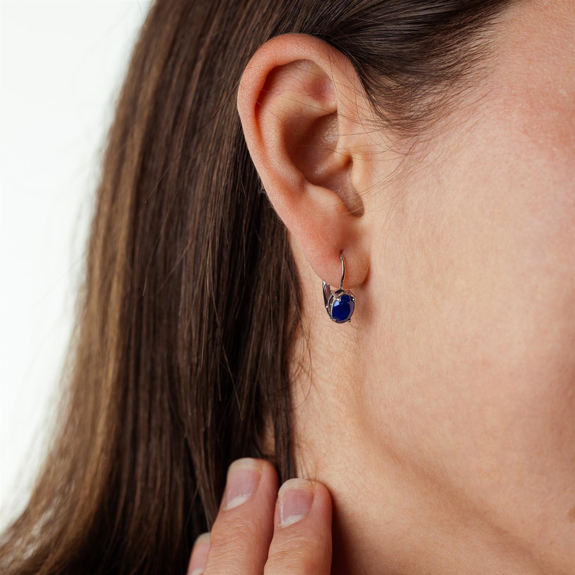 14K White Gold Oval Sapphire Lever Back Drop Earrings