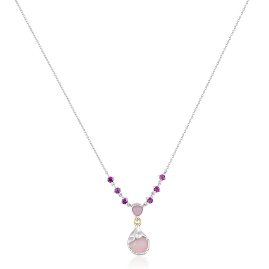 Sterling Silver Pink Opal and Rhodolite Gemstone Drop Necklace