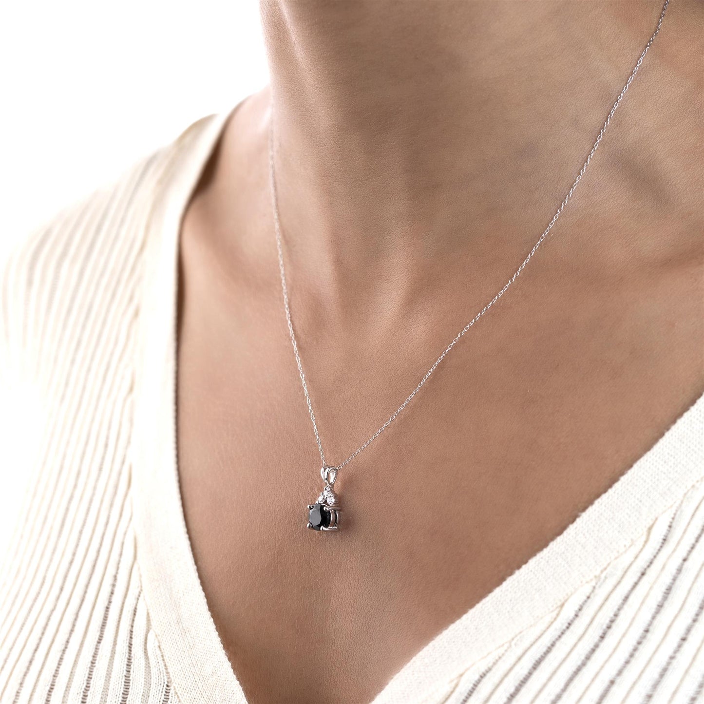 Sterling Silver Black Onyx and Cubic Zirconia Round Gemstone Pendant Necklace