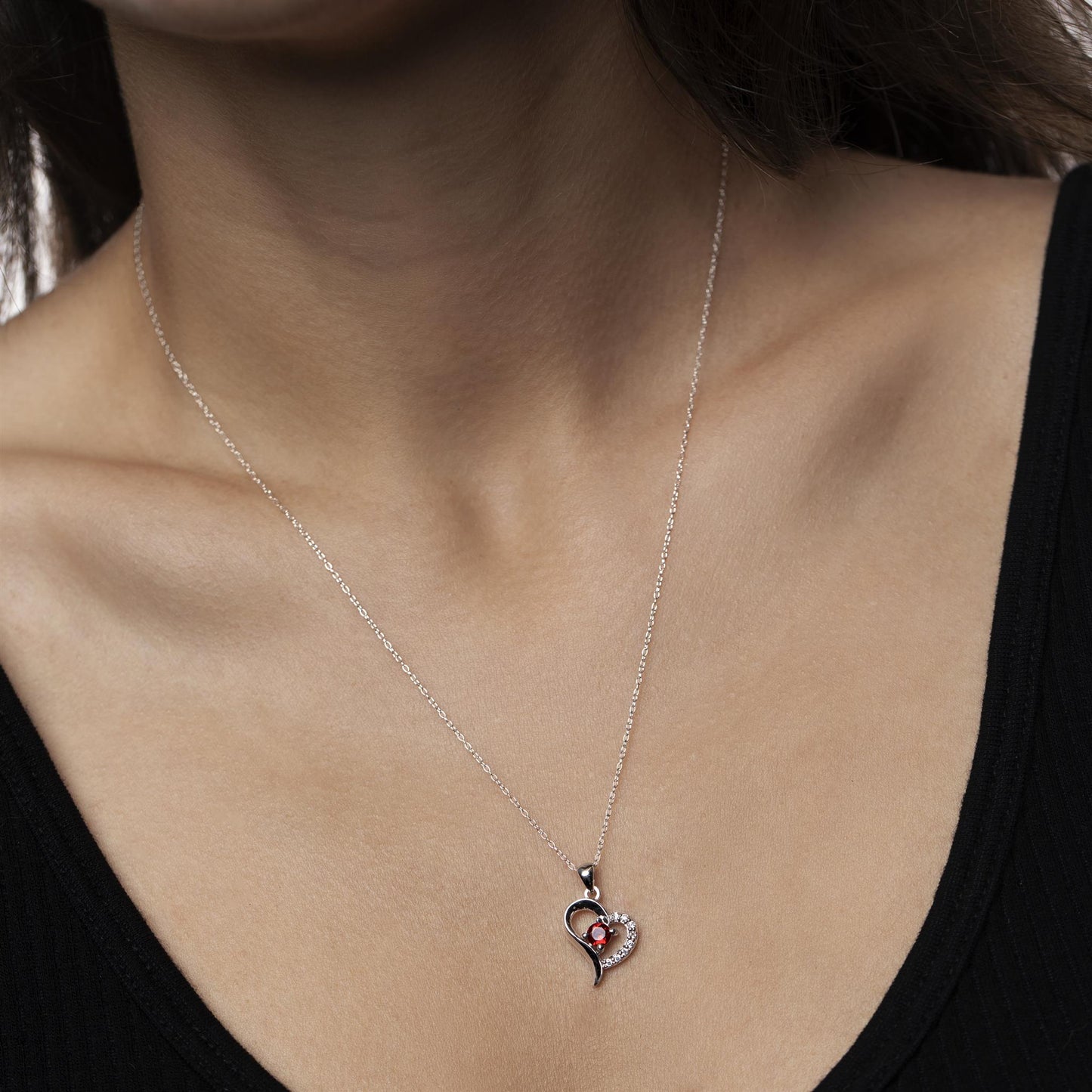 Sterling Silver Garnet and Cubic Zirconia Heart Design Cable Pendant Necklace, 18 Inches