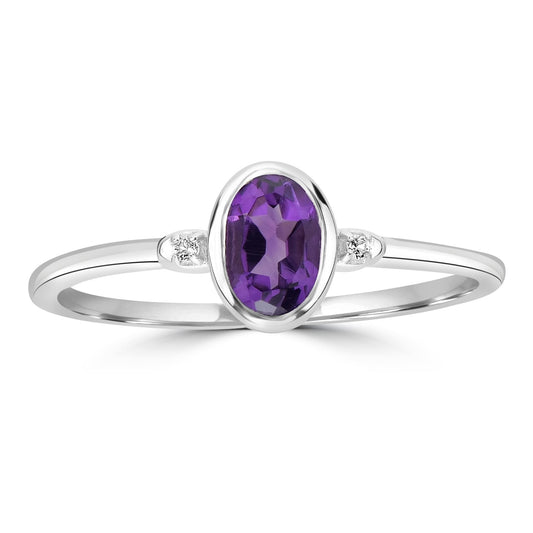 Kate Sterling Silver Amethyst and White Topaz Stackable Oval Ring, Sizes 6 to 8