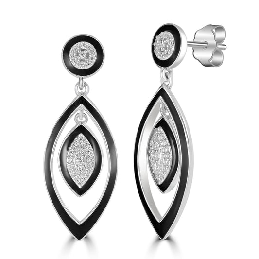 Judy Crowell Jewelry Sterling Silver Black Enamel Marquis Cubic Zirconia Drop Earrings
