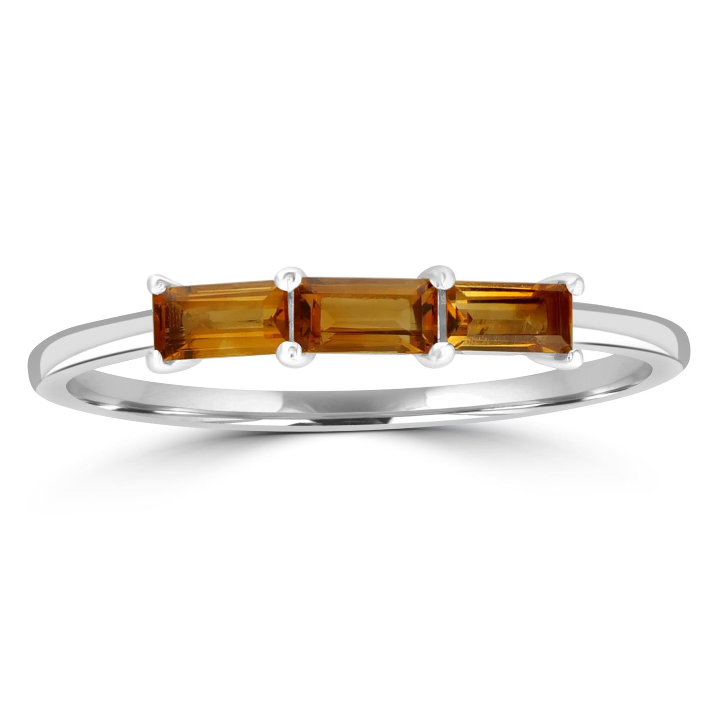 Heidi Sterling Silver Citrine Gemstone Stackable 3-Stone Baguette Ring, Sizes 6 to 8