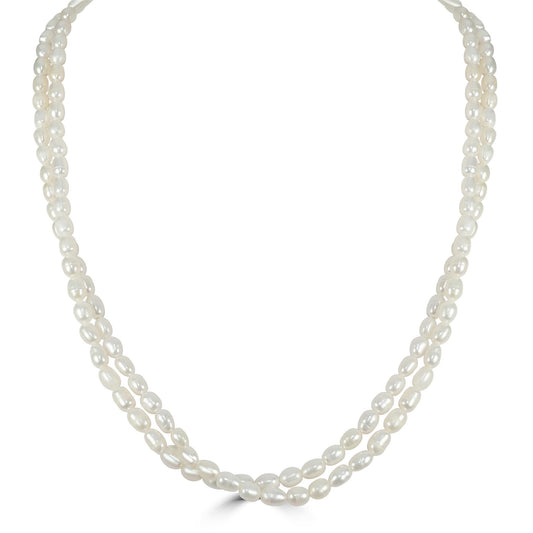 Sterling Silver White Rice Pearl Double Strand Necklace