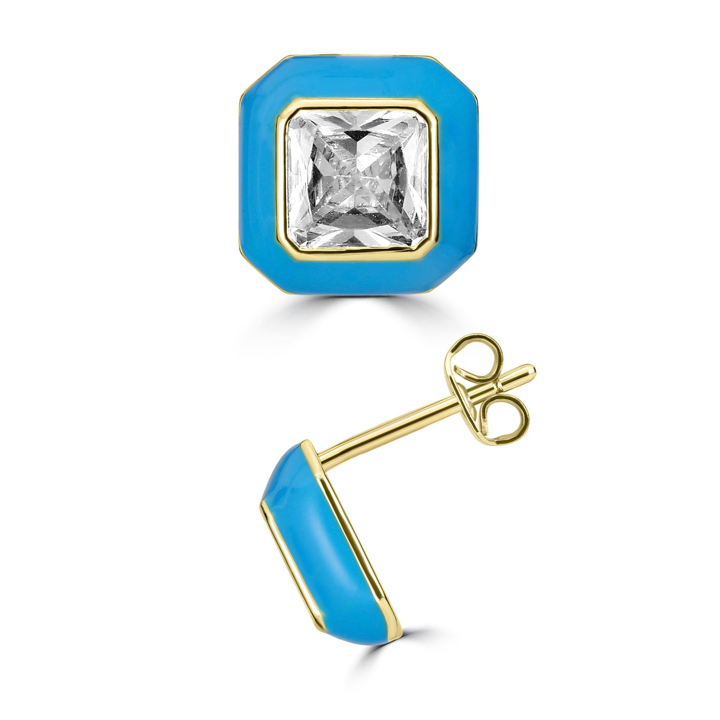 Bob Mackie Jewelry 14K Gold Over Brass Black, White and Turquoise Enamel White Cubic Zirconia Stud Earrings, Set of 3 Colors