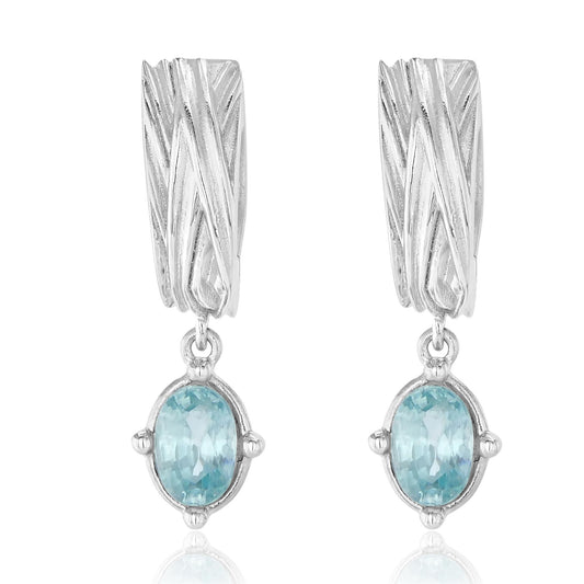 Sterling Silver Oval Blue Zircon Gemstone Textured Drop Earrings
