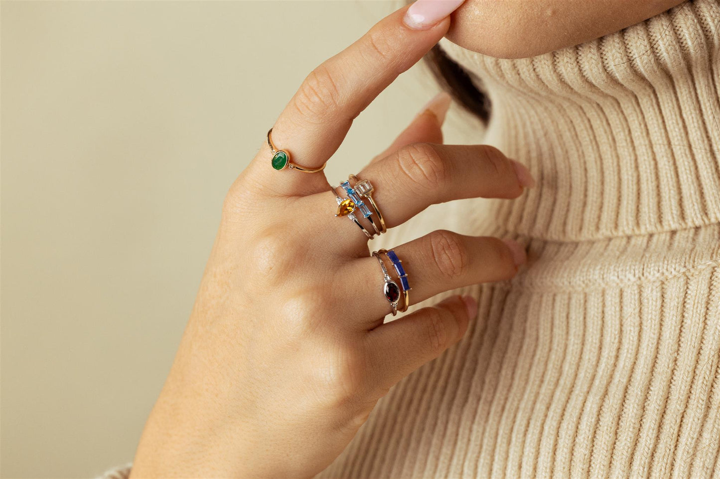 Kate 14K Gold Over Sterling Silver Emerald and White Topaz Stackable Oval Ring, Sizes 6 to 8