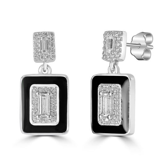 Judy Crowell Jewelry Sterling Silver Black Enamel Rectangle Cubic Zirconia Drop Earrings