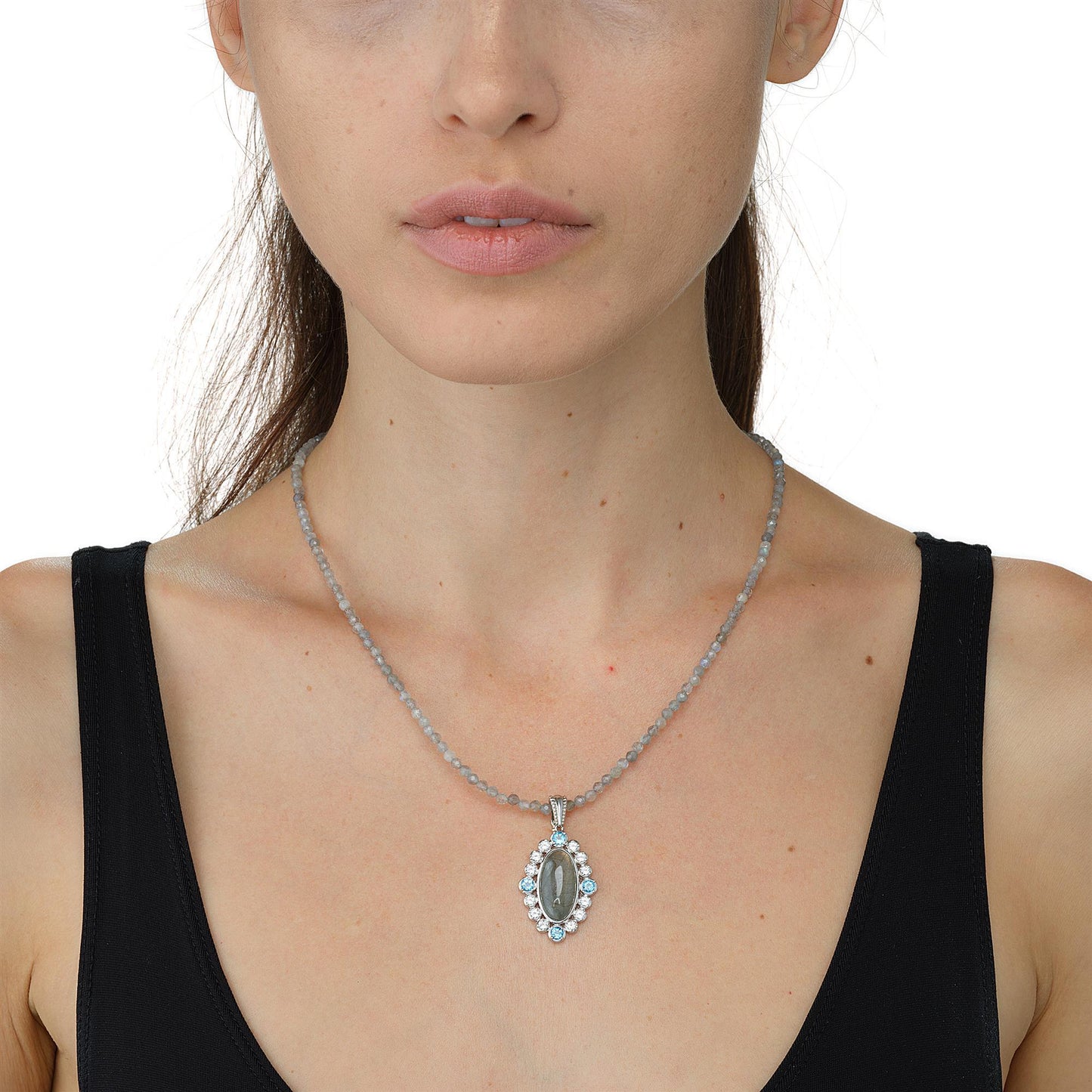 GG Collection  Sterling Silver Labradorite, White Topaz and Swiss Blue Topaz Beaded Pendant Necklace, 18 Inches