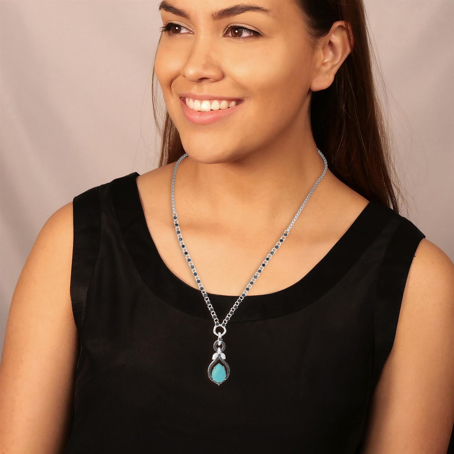 Sterling Silver Kingman Turquoise and Black Spinel Drop Necklace, 28 inches