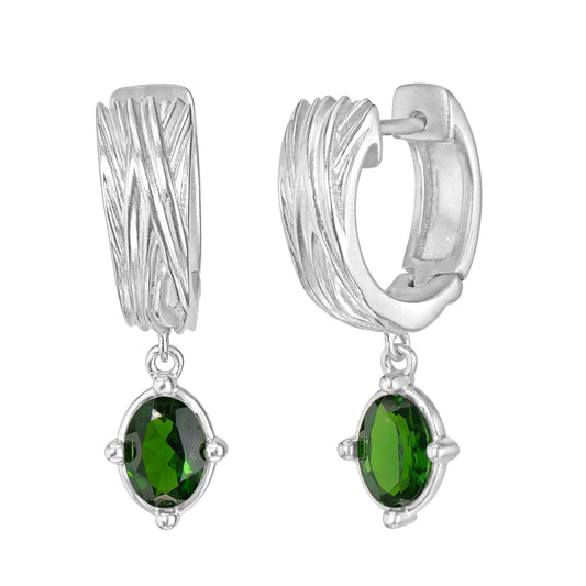 Sterling Silver Oval Chrome Diopside Gemstone Textured Drop Earrings