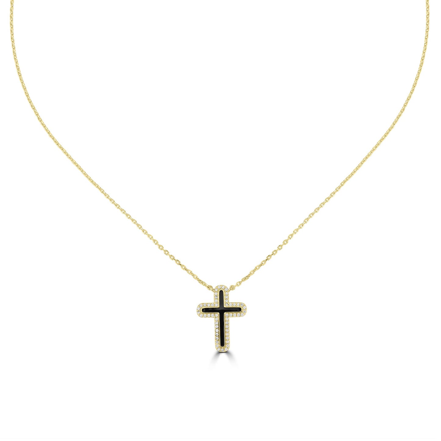 Bob Mackie Jewelry 14K Gold Over Brass Black Enamel White Cubic Zirconia Cross Pendant Necklace, 16-18 Inches