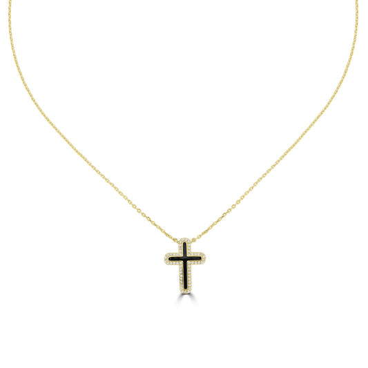 Bob Mackie Jewelry 14K Gold Over Brass Black Enamel White Cubic Zirconia Cross Pendant Necklace, 16-18 Inches