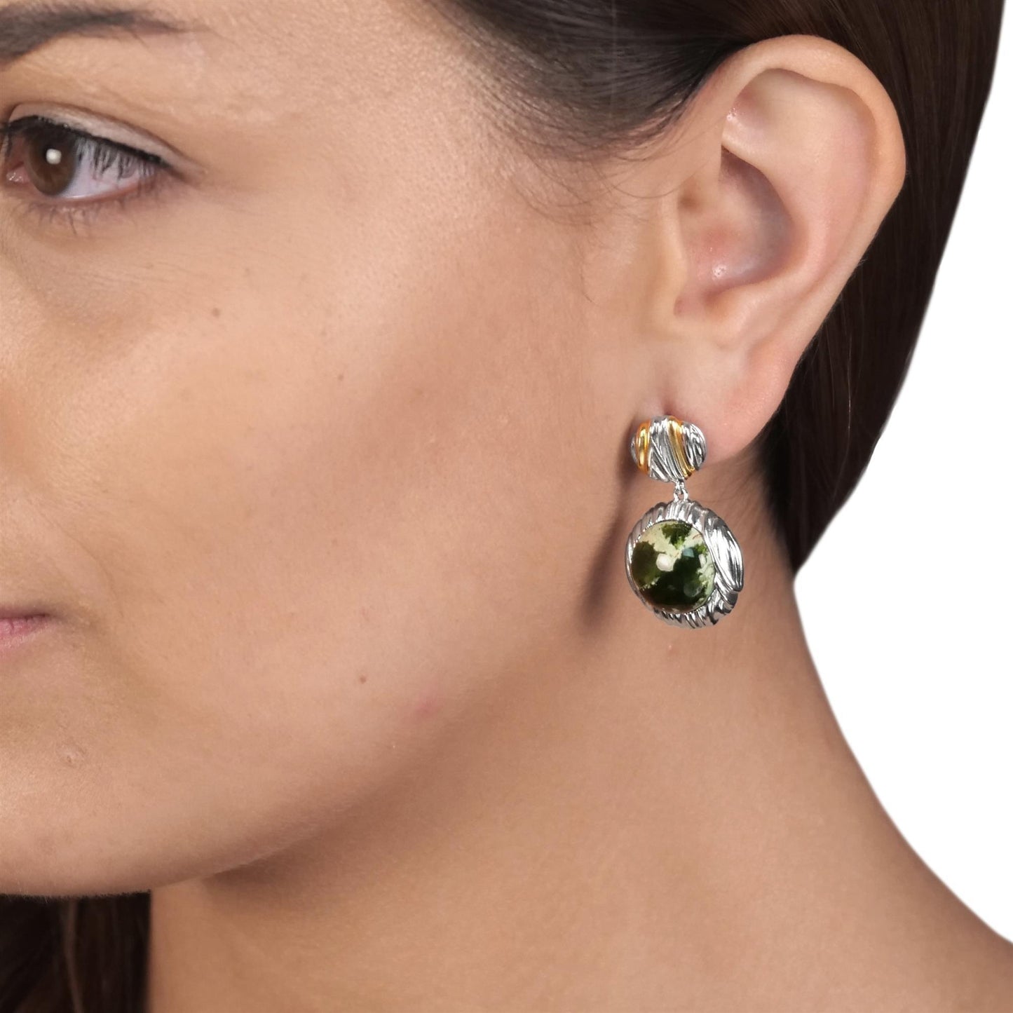 Sterling Silver Woven Round Chrome Chalcedony Gemstone Drop Earrings